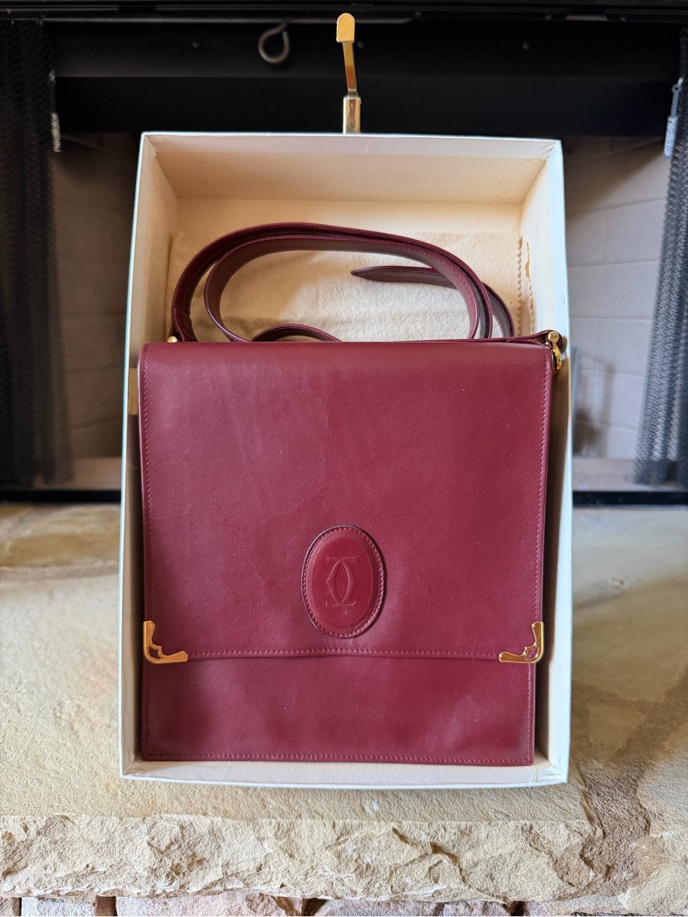 Cartier Burgundy Leather Shoulder/Messenger Bag with Gold Accents